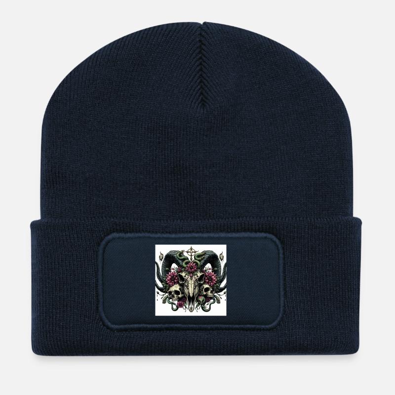 Crâne de chèvre aquarelle - Beanie recyclé à patch - bleu marine