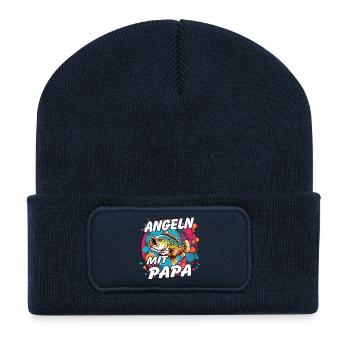 Angeln mit Papa. Buntes Angelmotiv - Recycelte Patch Beanie - French Navy - Vorne