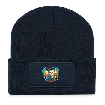 Hibou mignon avec cœur d’Ukraine - Beanie recyclé à patch - bleu marine - Devant