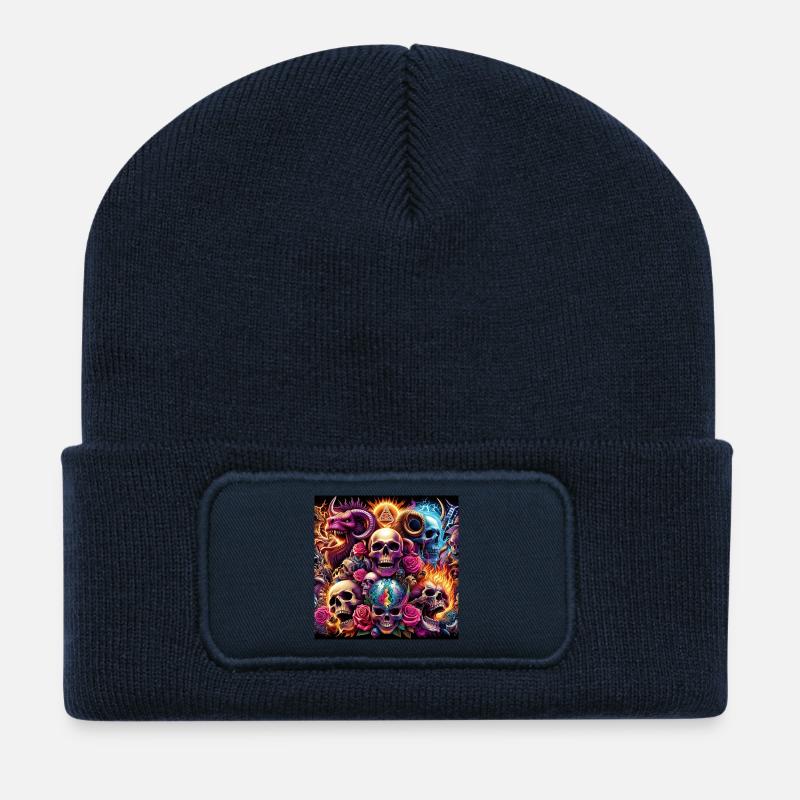 Totenköpfe, Farben und Blumen - Recycelte Patch Beanie - French Navy