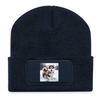 Chiot husky sibérien dans la neige - Beanie recyclé à patch - bleu marine - Devant