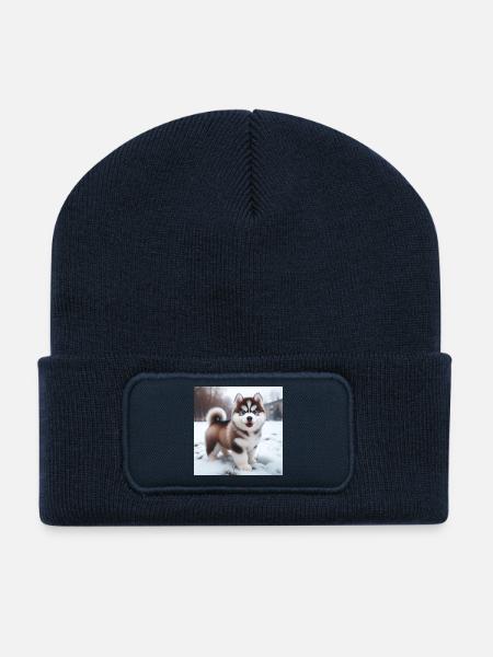 Chiot husky sibérien dans la neige - Beanie recyclé à patch - bleu marine
