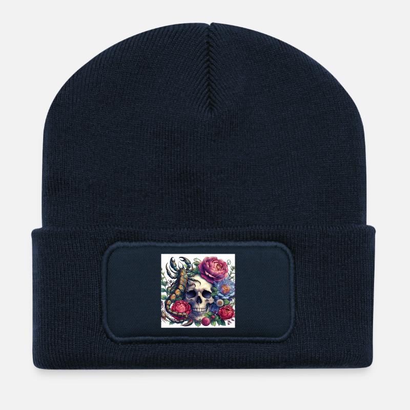 Aquarell Totenkopf, Blumen und Skorpion - Recycelte Patch Beanie - French Navy