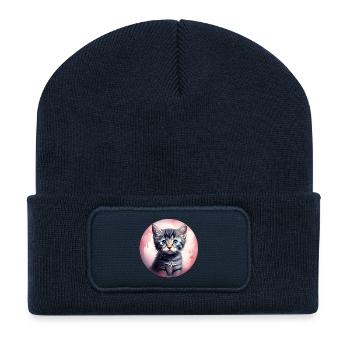 Kätzchen im Pinken Aquarell - Recycelte Patch Beanie - French Navy - Vorne