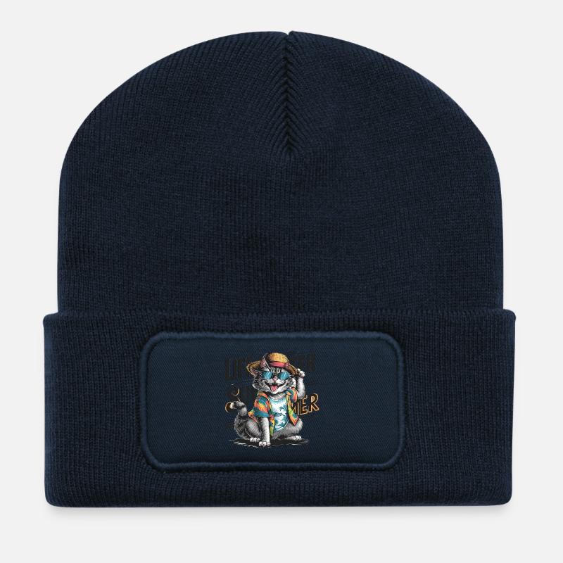 Cute Cat with Summer Outfit and Sunglasses - Recycled Patch Beanie - french navy