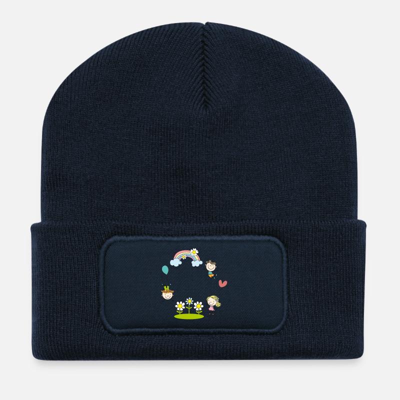 Fröhliche Kinder mit Regenbogen Blumen Luftballon  - Recycelte Patch Beanie - French Navy
