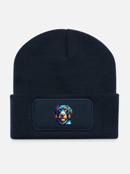 Deutsche Drahthaar Hund Rasse Karikatur Kawaii - Recycelte Patch Beanie - French Navy