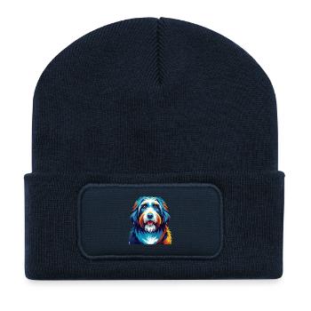 Bearded Collie Chien Race Coloré Dessin Animé Kawaii - Beanie recyclé à patch - bleu marine - Devant