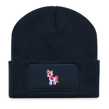 Licorne Mignon Mascotte Personnage De Dessin Animé Kawaii - Beanie recyclé à patch - bleu marine - Devant
