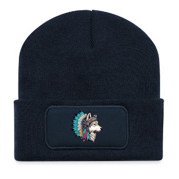 Loup amérindien Peaux-rouges d’Amérique - Beanie recyclé à patch - bleu marine - Devant