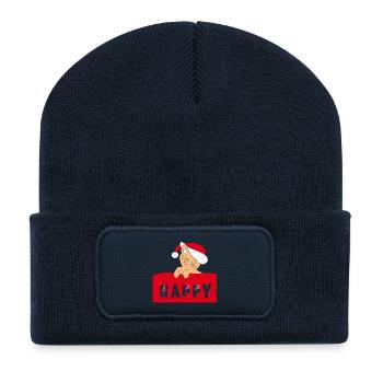 Happy Cat with Christmas-Cap - Recycelte Patch Beanie - French Navy - Vorne