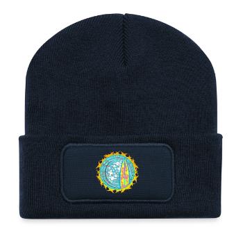 Surfboard and moon motifs on water - Recycled Patch Beanie - french navy - Front