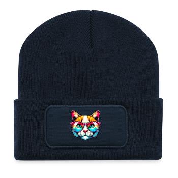 Kater mit Sonnenbrille - Recycelte Patch Beanie - French Navy - Vorne
