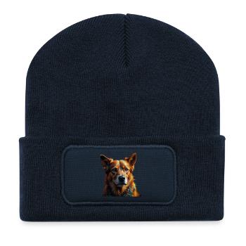 Buntes Hundeporträt Schal - Recycelte Patch Beanie - French Navy - Vorne