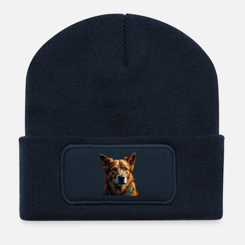 Buntes Hundeporträt Schal - Recycelte Patch Beanie - French Navy