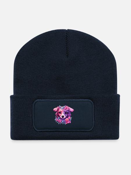 Blumiges Hundemotiv in Pastellfarben - Recycelte Patch Beanie - French Navy