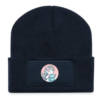 Einhorn Pastell Unicorn mit Schulranzen - Recycelte Patch Beanie - French Navy - Vorne