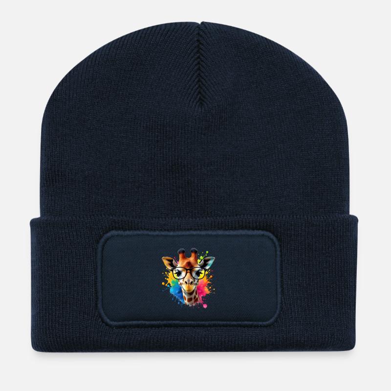 Coole Giraffe mit Brille in bunter Splash Art - Recycelte Patch Beanie - French Navy