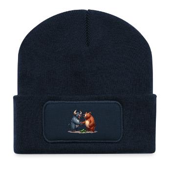 Marché boursier Taureau Ours Poignée de main Profit Cadeau - Beanie recyclé à patch - bleu marine - Devant