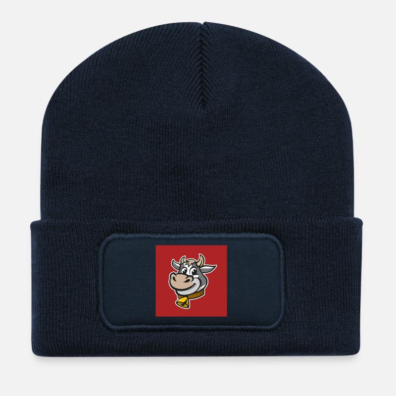 Illustration joyeuse d’une tête de vache. - Beanie recyclé à patch - bleu marine