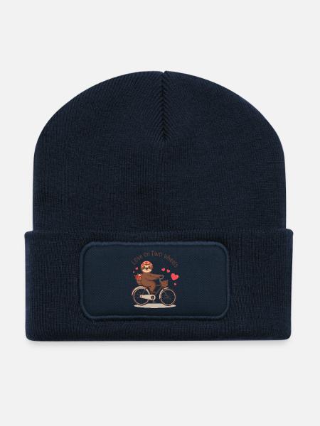 Charming Sloth on Vintage Bike with Heart Basket - Recycled Patch Beanie - french navy