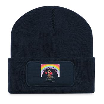 Adorable paresseux sur vélo avec cœur et arc-en-ciel - Beanie recyclé à patch - bleu marine - Devant