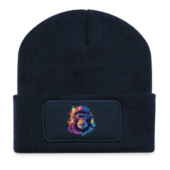 Watercolor Hipster Monkey - Recycled Patch Beanie - french navy - Front