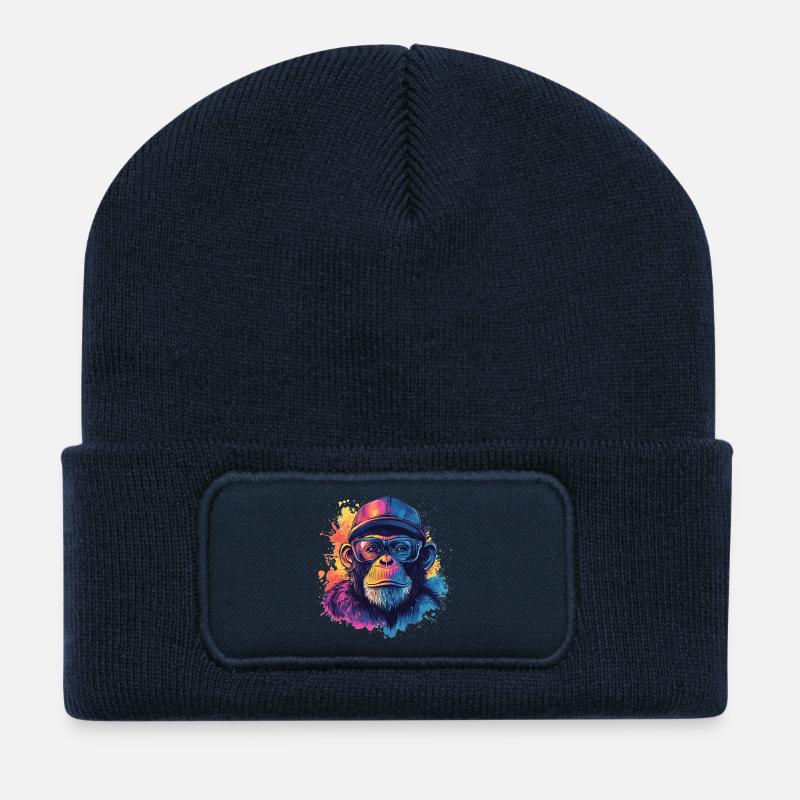 Watercolor Hipster Monkey - Recycled Patch Beanie - french navy
