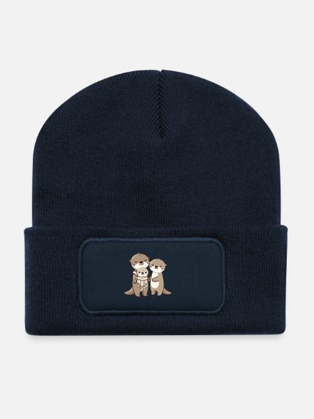 Otter Familie mit Baby - Recycelte Patch Beanie - French Navy