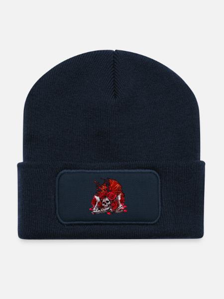 Buchband aufgeschlagen, menschenschädel, farbleck - Recycelte Patch Beanie - French Navy