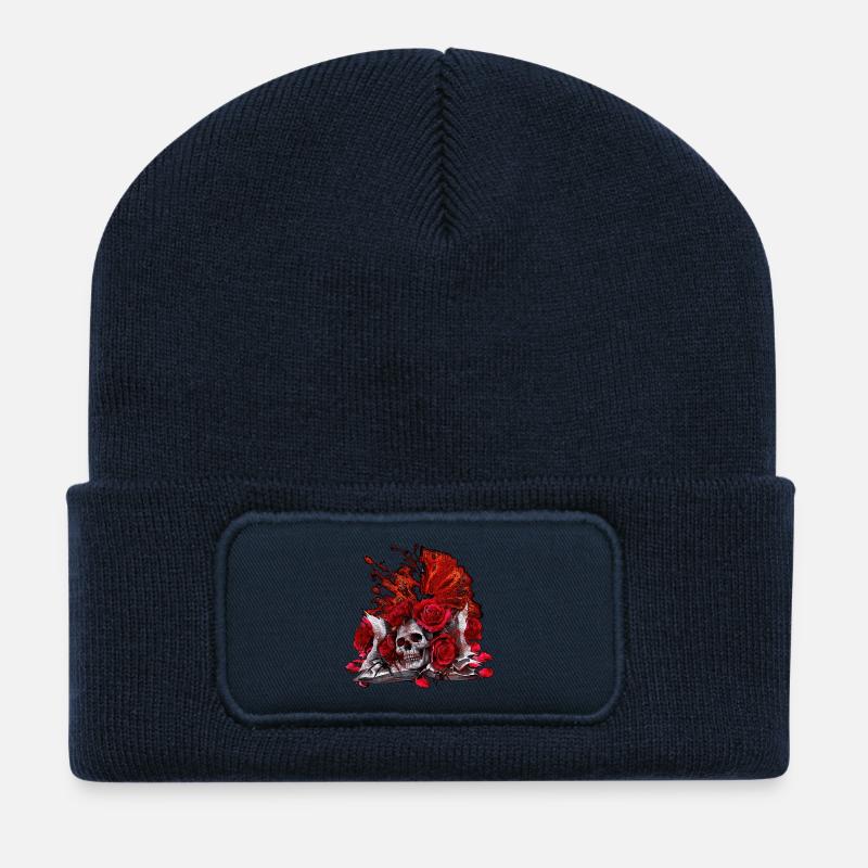 Buchband aufgeschlagen, menschenschädel, farbleck - Recycelte Patch Beanie - French Navy