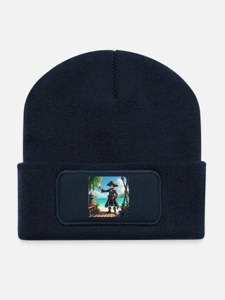 Skelettpirat am Tropenstrand - Recycelte Patch Beanie - French Navy