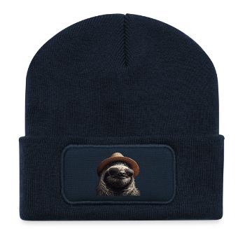 Faultier mit Hut und Sonnenbrille - Recycelte Patch Beanie - French Navy - Vorne
