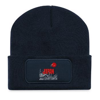 Japan-Welle mit rotem Mond - Recycelte Patch Beanie - French Navy - Vorne