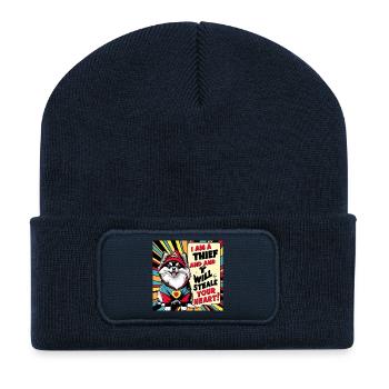 Pomeranian Dog "I am a thief" - Recycled Patch Beanie - french navy - Front