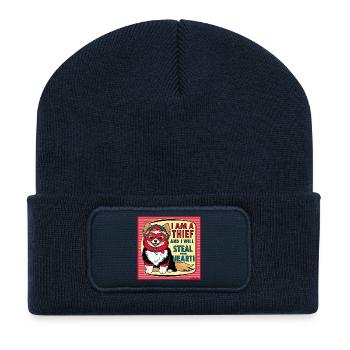 Pomeranian Dog "I am a thief" - Recycled Patch Beanie - french navy - Front