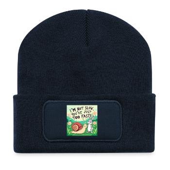 Ein Hase und eine Schnecke "Slow and Fast" - Recycelte Patch Beanie - French Navy - Vorne