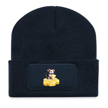 Playful mouse holding a large piece of cheese - Recycled Patch Beanie - french navy - Front