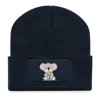 Niedlicher Koala mit einem bunten Lolli - Recycelte Patch Beanie - French Navy - Vorne