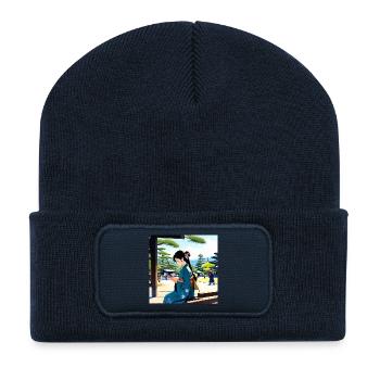 Blue Kimono Girl checking phone in the park - Recycled Patch Beanie - french navy - Front