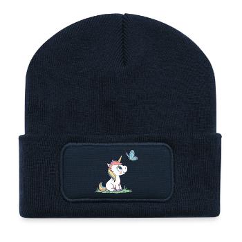 Cute Curious Baby Unicorn and Butterfly mag v01 - Recycled Patch Beanie - french navy - Front