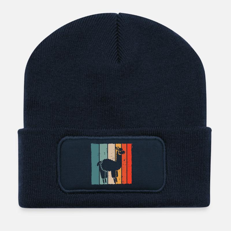 Llama Retro Stripe Print - Recycled Patch Beanie - french navy
