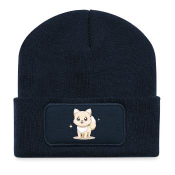 Entzückender beiger Spitzhund mit fröhlichen Augen - Recycelte Patch Beanie - French Navy - Vorne