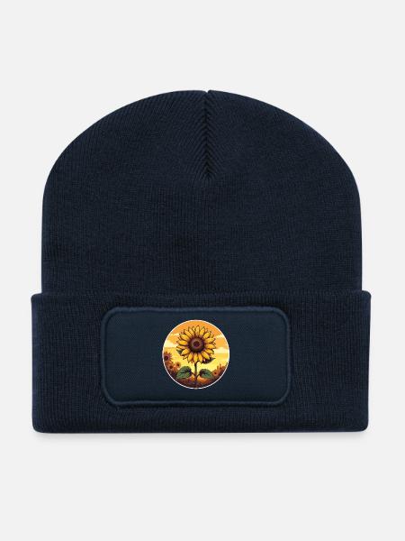 Goldene Sonnenblume Sonnenuntergang Kunst - Recycelte Patch Beanie - French Navy