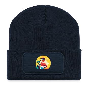 Flamant rose ballon de plage et palmiers - Beanie recyclé à patch - bleu marine - Devant