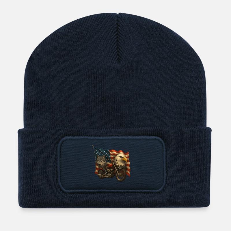 Hubschrauber, Wolf und Adler auf US-Flagge - Recycelte Patch Beanie - French Navy