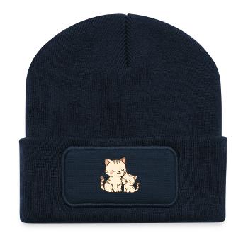 Mom cat and baby kitten cuddling and laughing - Recycled Patch Beanie - french navy - Front