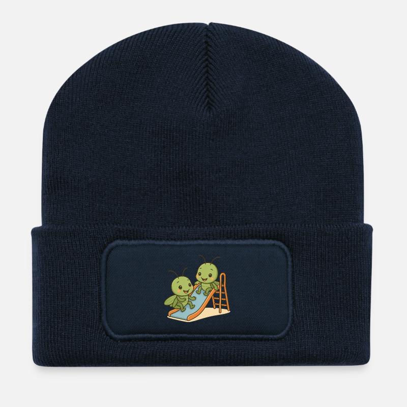 2 grasshopper friends play together on the slide - Recycled Patch Beanie - french navy