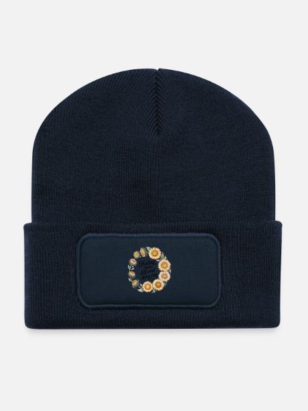 Couronne florale avec citation - Beanie recyclé à patch - bleu marine