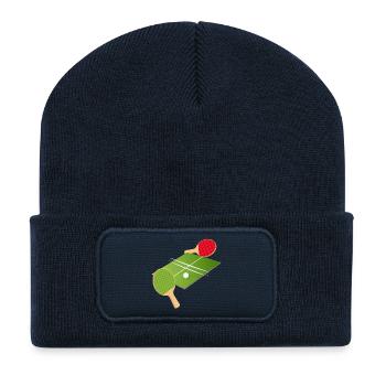 Tournoi de tennis de table – deux raquettes et terrain de jeu - Beanie recyclé à patch - bleu marine - Devant